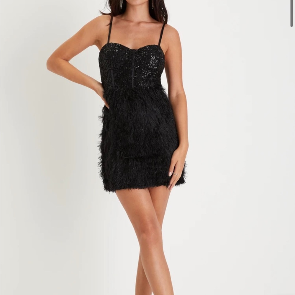 Lulus black sequin feather dress